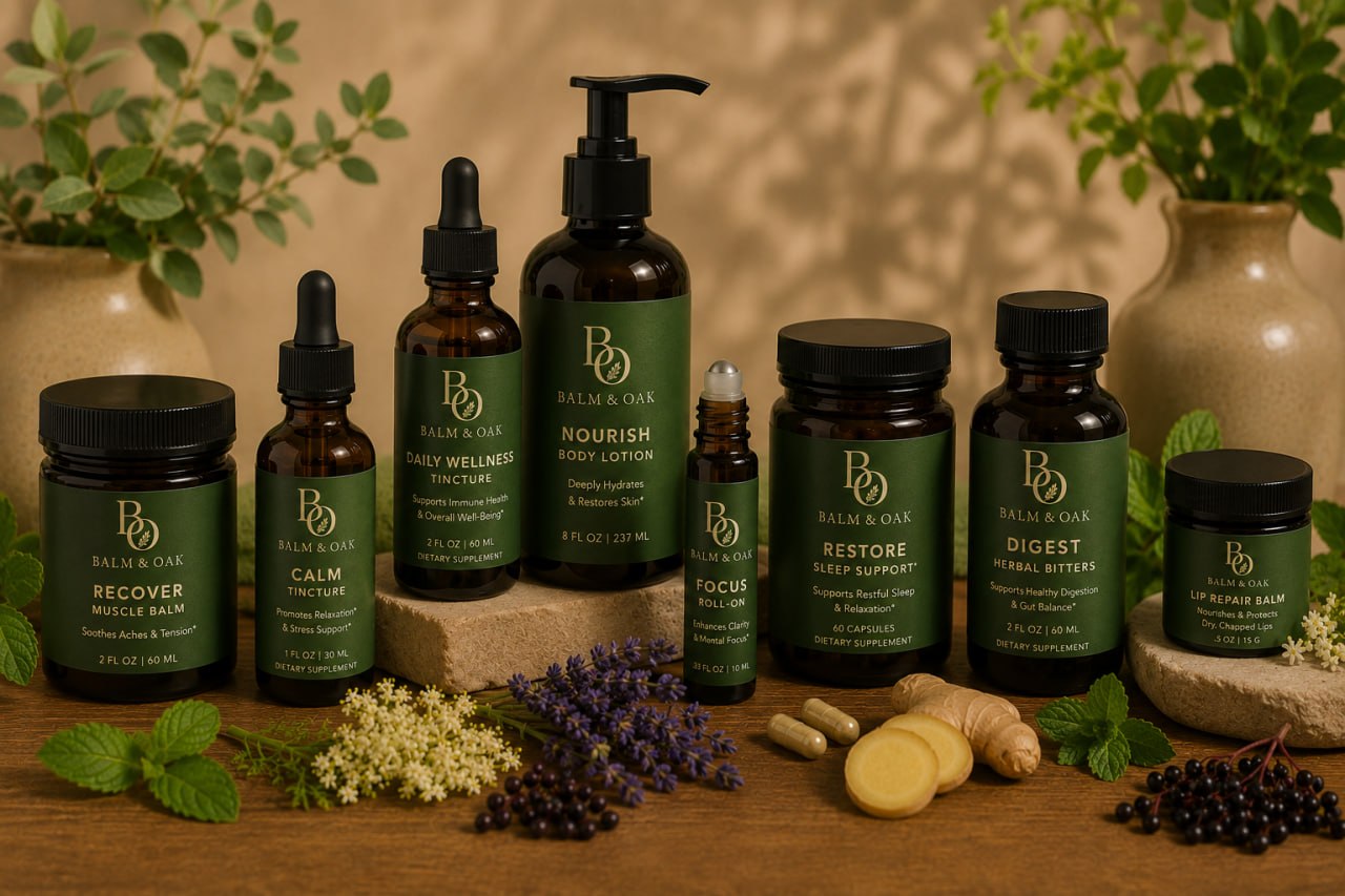 The full Balm & Oak collection arranged with fresh botanicals