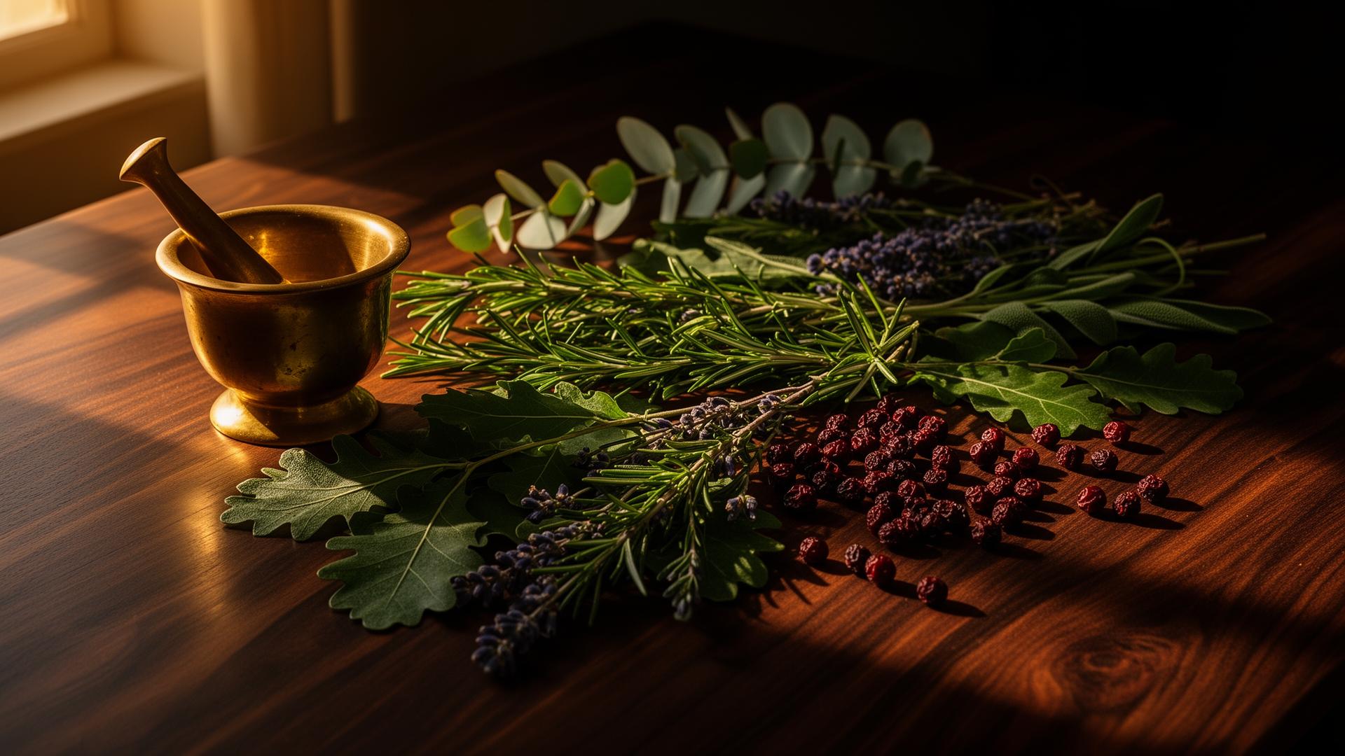 Oak leaves, herbs, and mortar arranged on wood